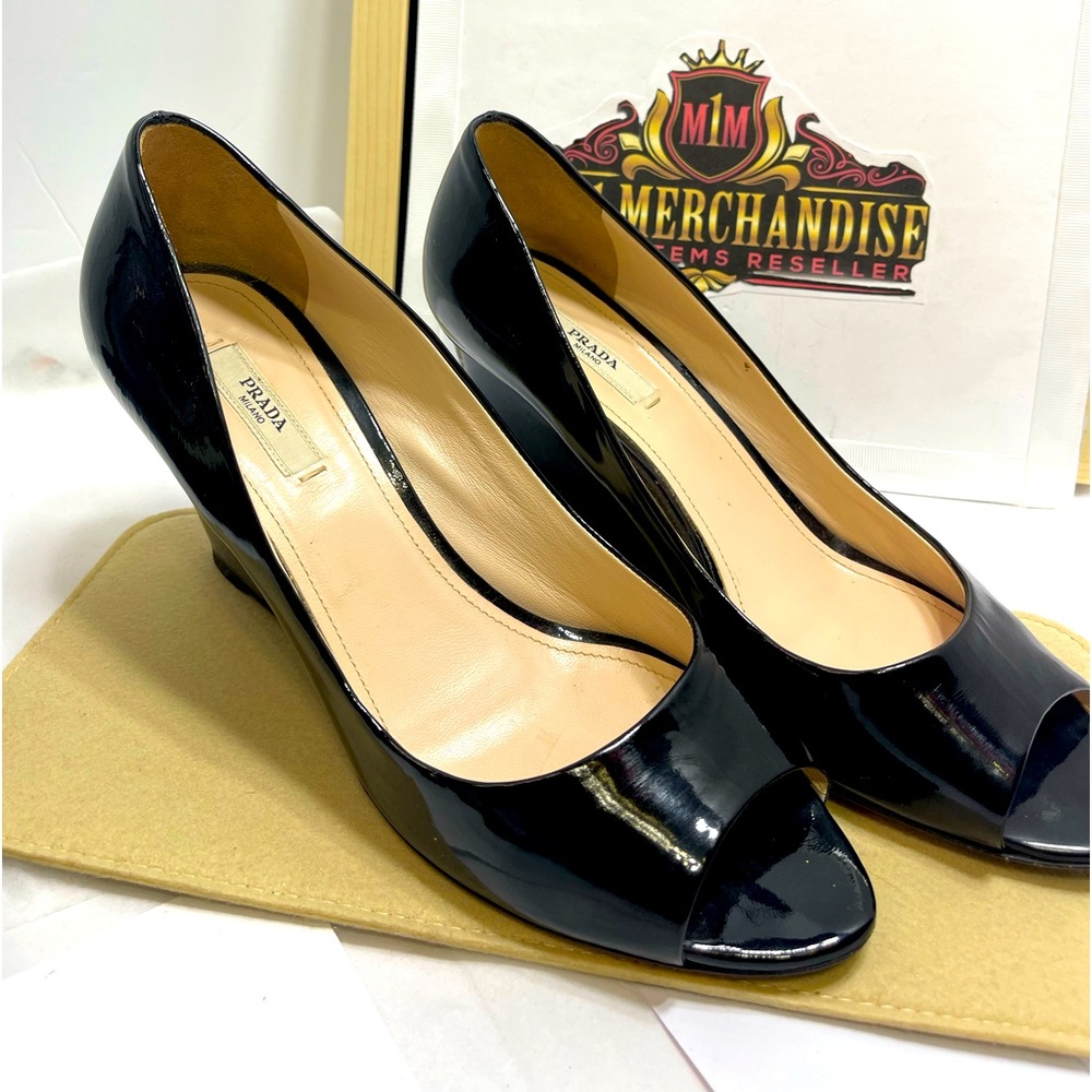 Prada Wedge Peep Toe Patent Leather Shoes size 8. - Picture 1 of 7
